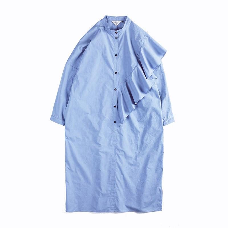 Spring Langermet Ruffle Blue Shirt Dress