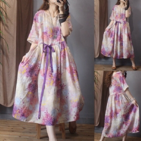 Spring Retro A-line Floral Cotton Linen Dress