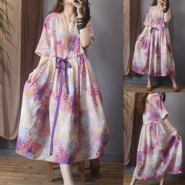 Spring Retro A-line Floral Cotton Linen Dress