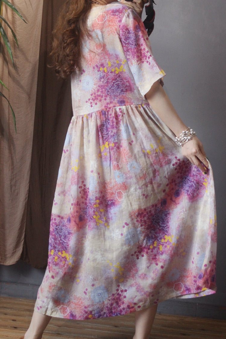 Spring Retro A-line Floral Cotton Linen Dress