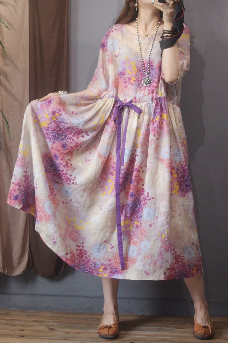 Spring Retro A-line Floral Cotton Linen Dress