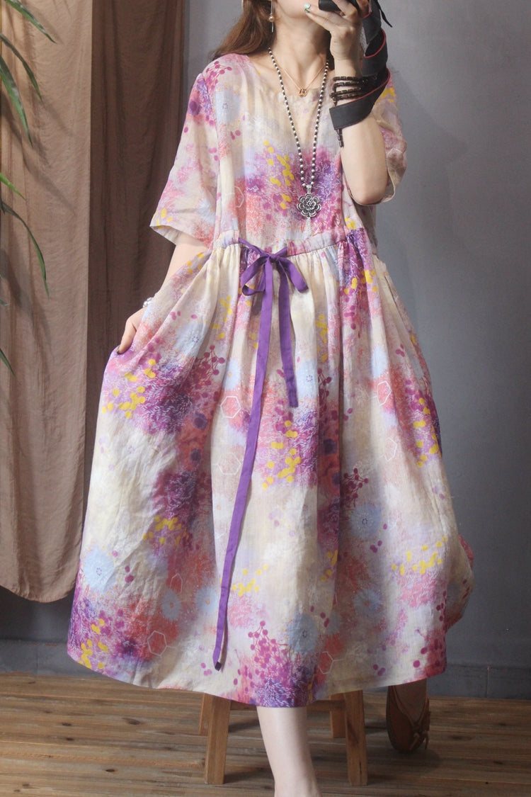 Spring Retro A-line Floral Cotton Linen Dress