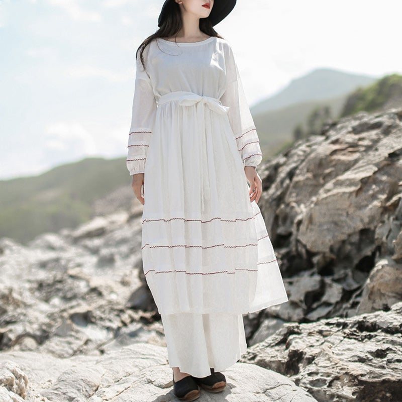 Spring Retro Cotton A-line Rund Neck Dress