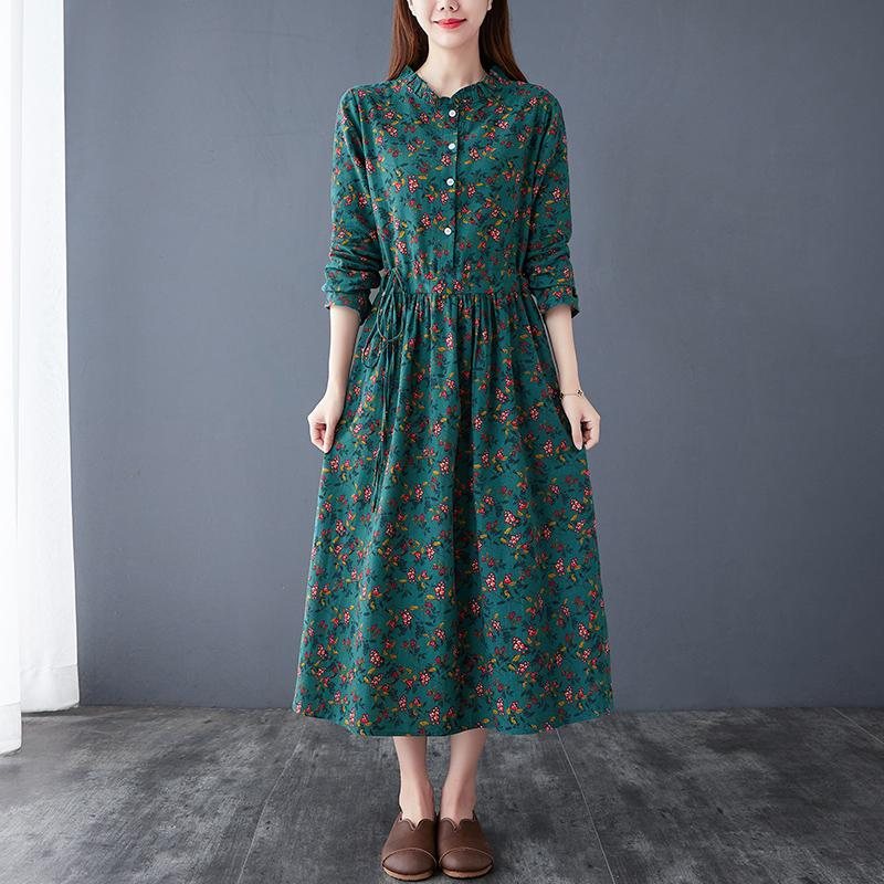 Spring Retro Elegant Floral Cotton Linen Dress