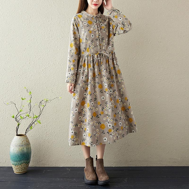 Spring Retro Floral Bomulls Lin Casual A-line Kjole