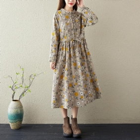 Spring Retro Floral Bomulls Lin Casual A-line Kjole