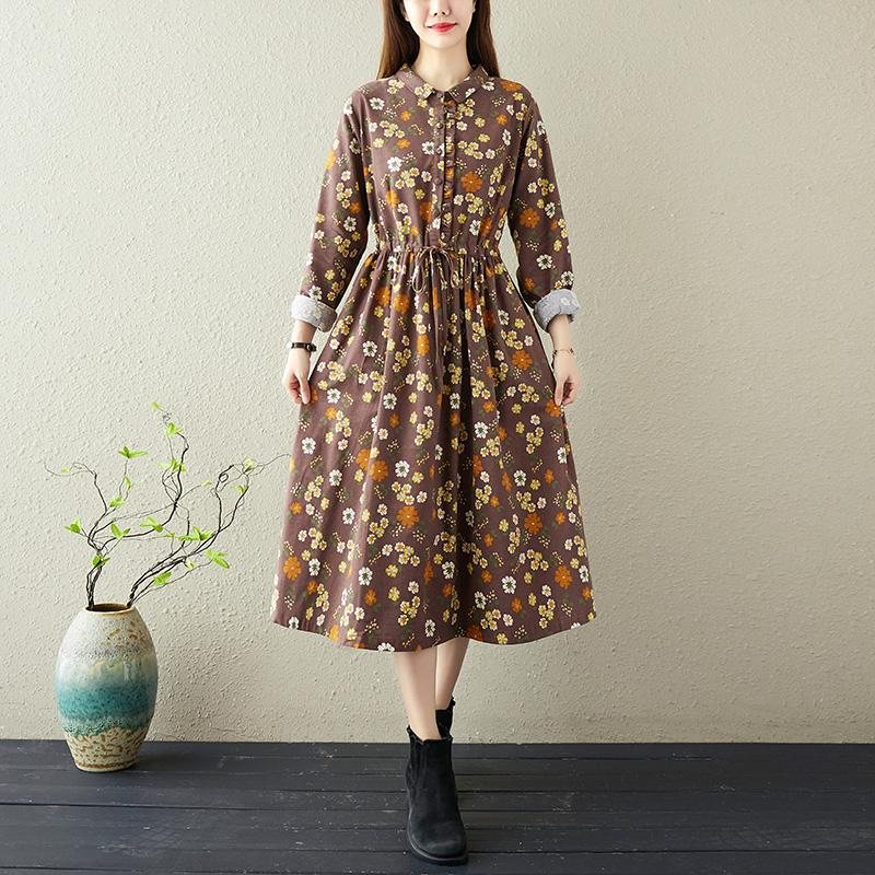 Spring Retro Floral Bomulls Lin Casual A-line Kjole