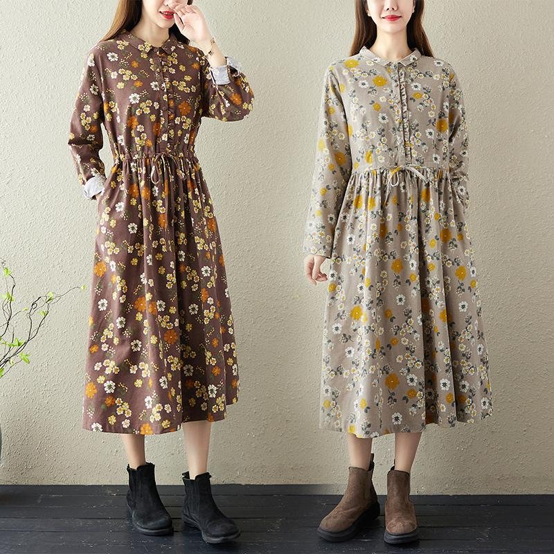 Spring Retro Floral Bomulls Lin Casual A-line Kjole