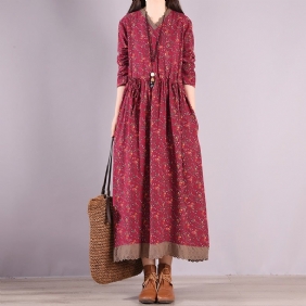 Spring Retro Floral Printed Ruffle Hollow Cotton Linen Dress