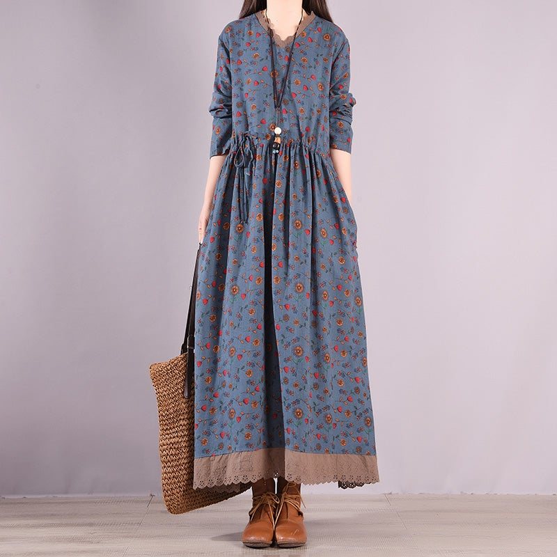 Spring Retro Floral Printed Ruffle Hollow Cotton Linen Dress