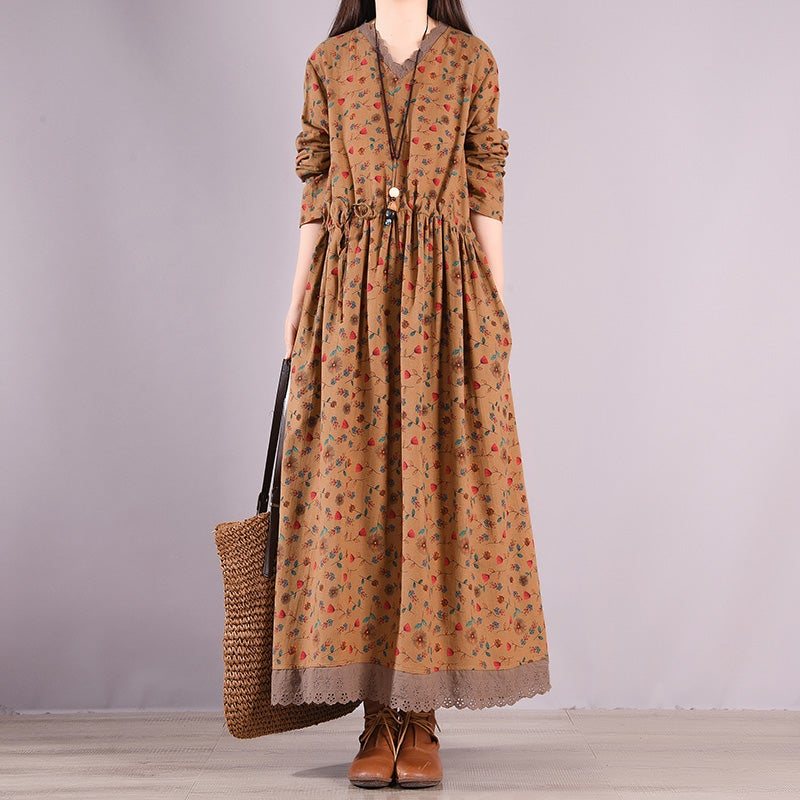 Spring Retro Floral Printed Ruffle Hollow Cotton Linen Dress