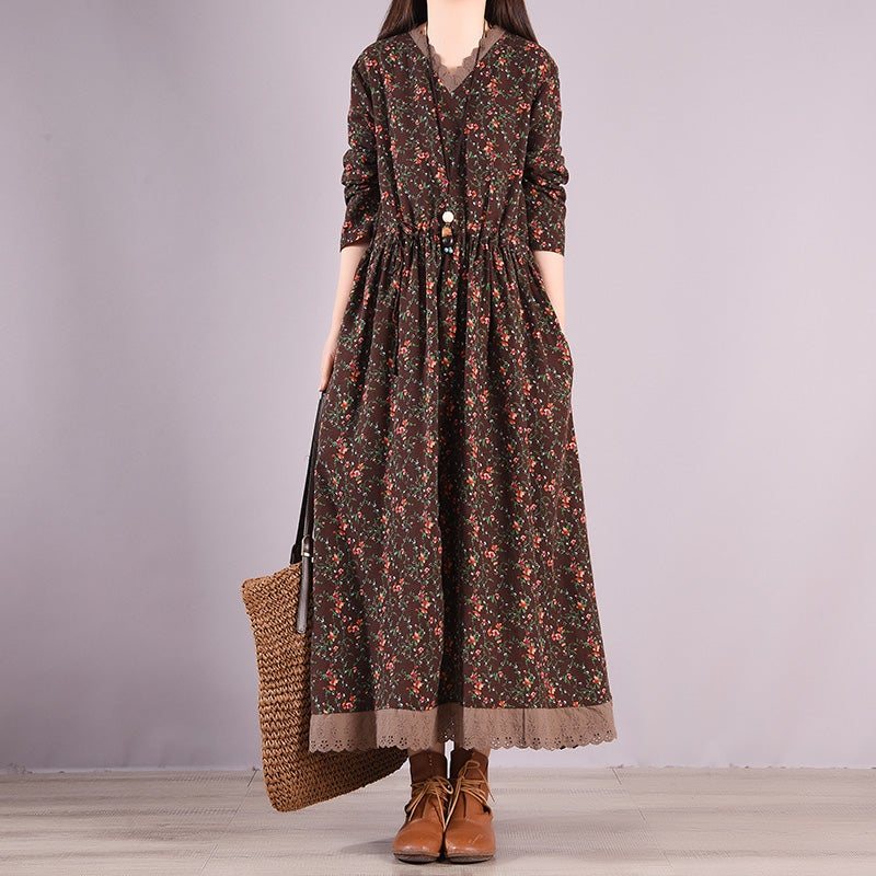 Spring Retro Floral Printed Ruffle Hollow Cotton Linen Dress