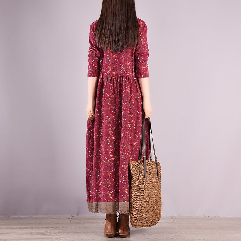 Spring Retro Floral Printed Ruffle Hollow Cotton Linen Dress