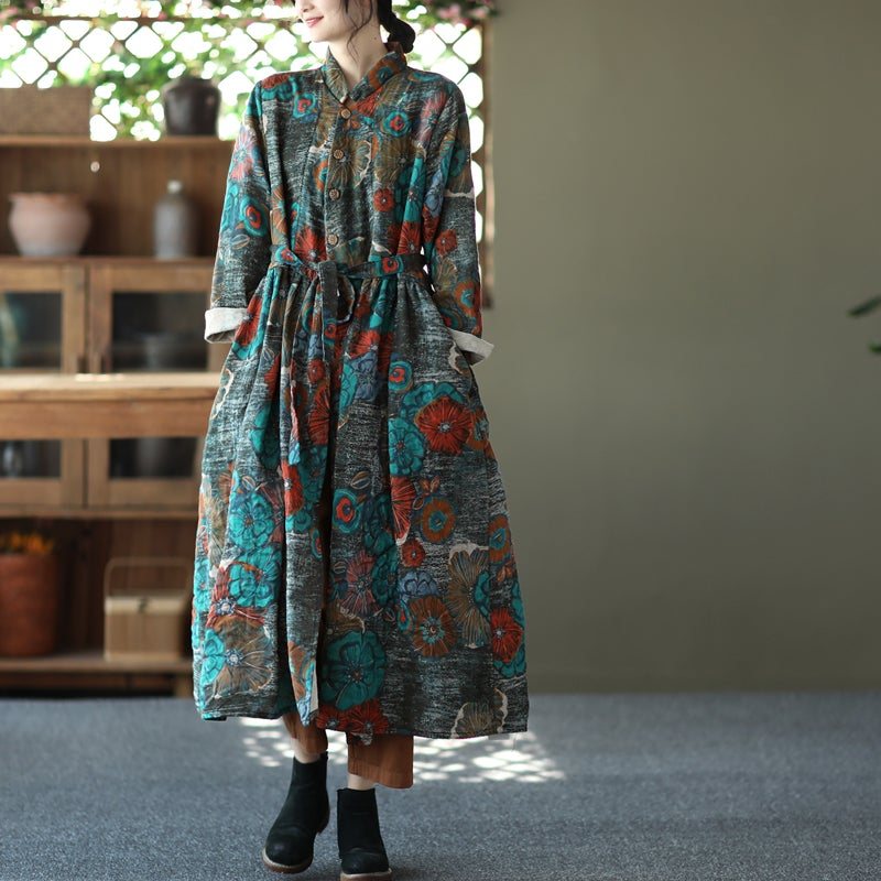 Spring Retro Lin Casual Langermet Printed Dress