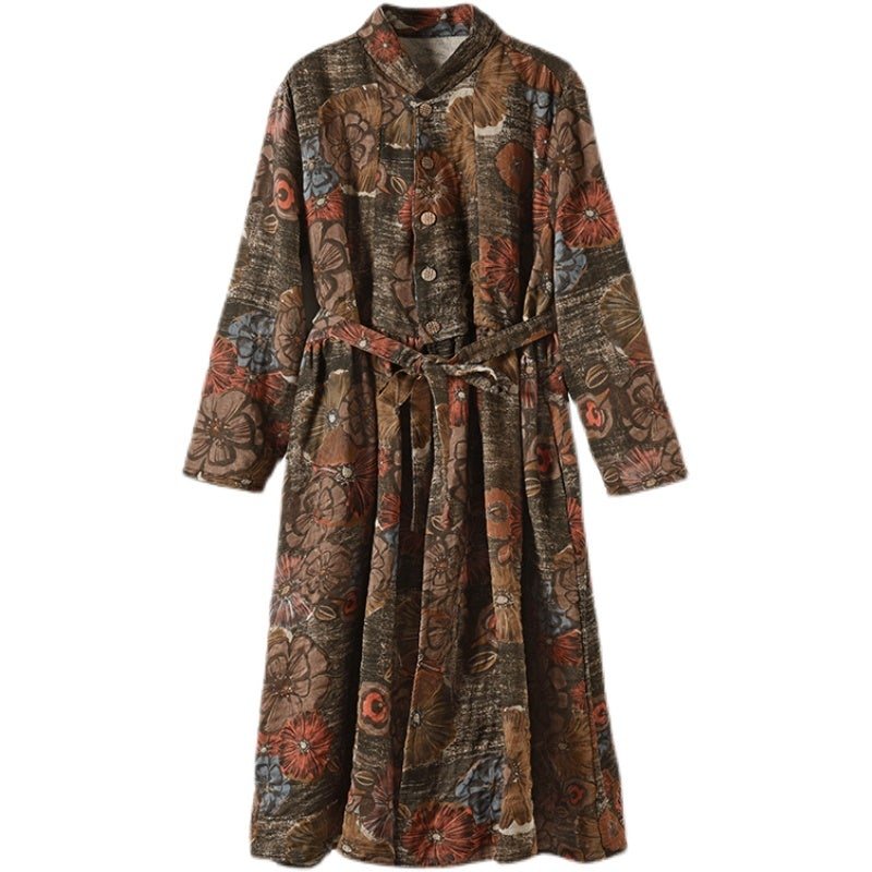 Spring Retro Lin Casual Langermet Printed Dress