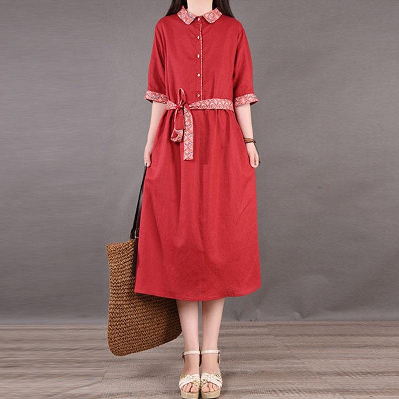 Spring Summer Lace-up Plus Size Cotton Lin Dress