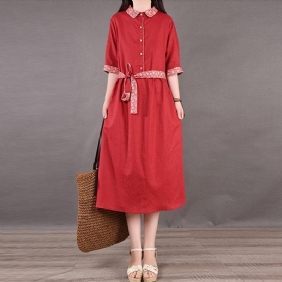 Spring Summer Lace-up Plus Size Cotton Lin Dress