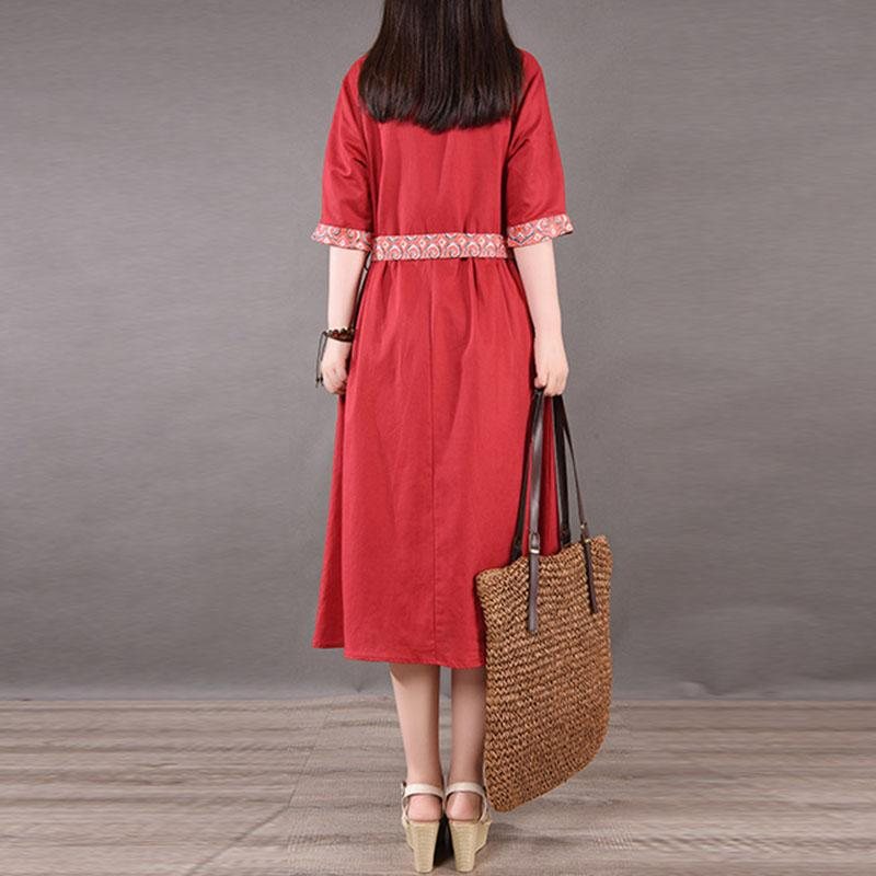 Spring Summer Lace-up Plus Size Cotton Lin Dress