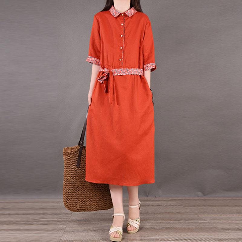 Spring Summer Lace-up Plus Size Cotton Lin Dress