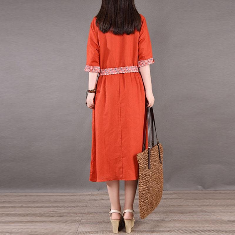 Spring Summer Lace-up Plus Size Cotton Lin Dress