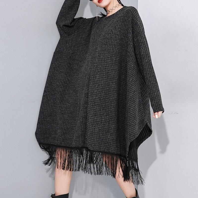 Stitching Fringed Bat Sleeve Sweater Dress