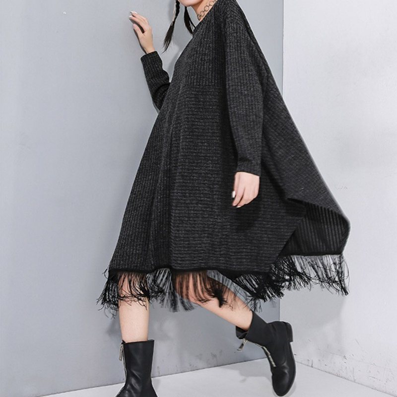 Stitching Fringed Bat Sleeve Sweater Dress