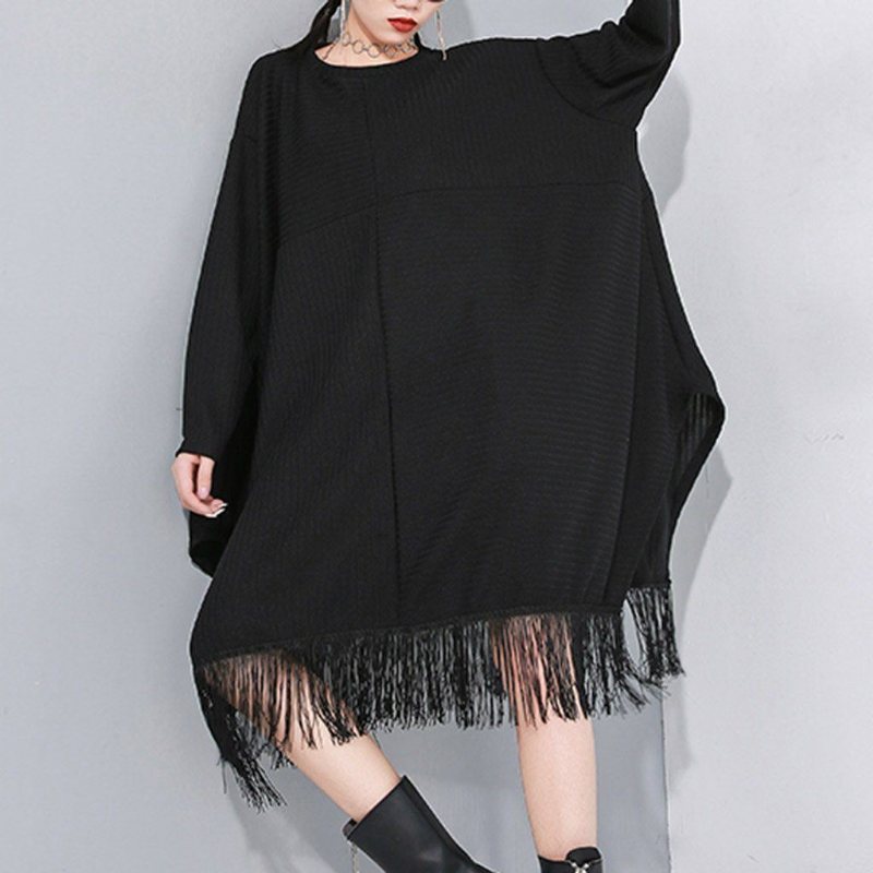 Stitching Fringed Bat Sleeve Sweater Dress