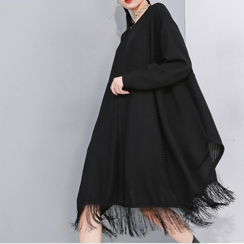 Stitching Fringed Bat Sleeve Sweater Dress