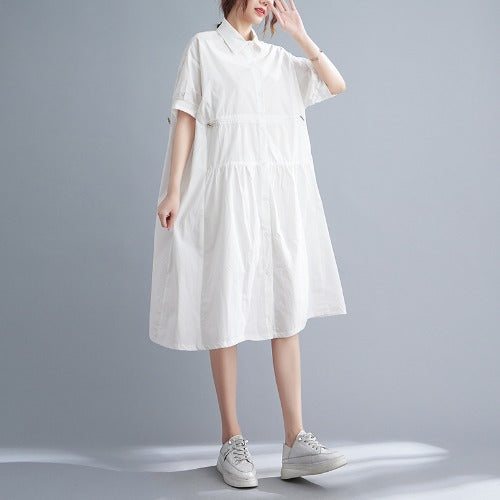 Summer Plain Loose Cotton Vintage Midi-kjole