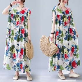 Summer Plus Size Retro Floral Ermeløs Kjole