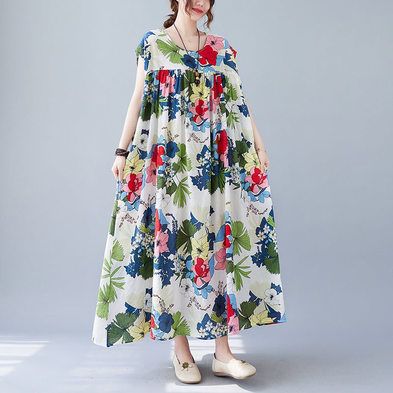 Summer Plus Size Retro Floral Ermeløs Kjole