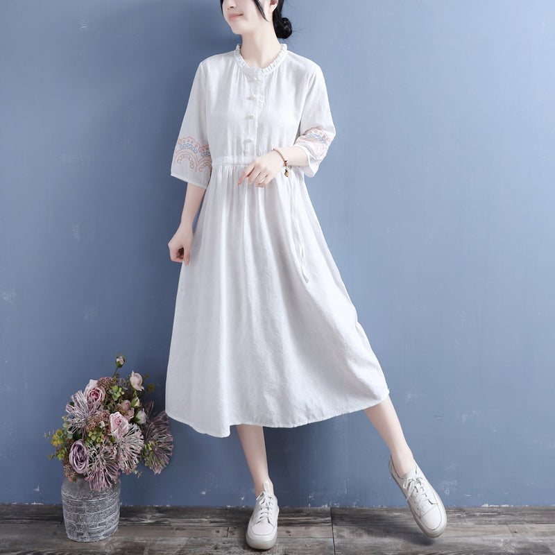 Summer Retro Brodery Cotton Lin Midi Dress