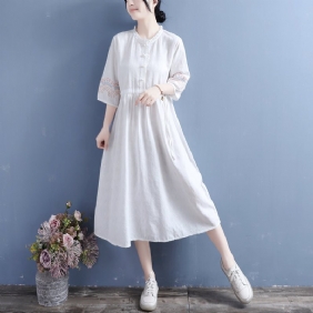 Summer Retro Brodery Cotton Lin Midi Dress