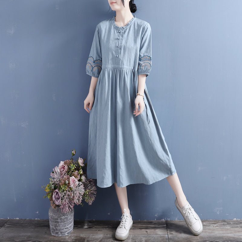 Summer Retro Brodery Cotton Lin Midi Dress