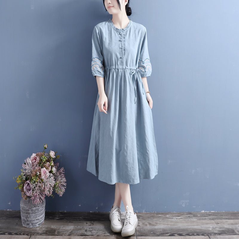 Summer Retro Brodery Cotton Lin Midi Dress