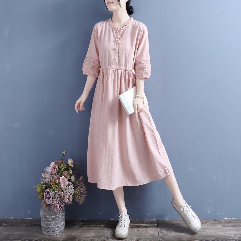 Summer Retro Brodery Cotton Lin Midi Dress