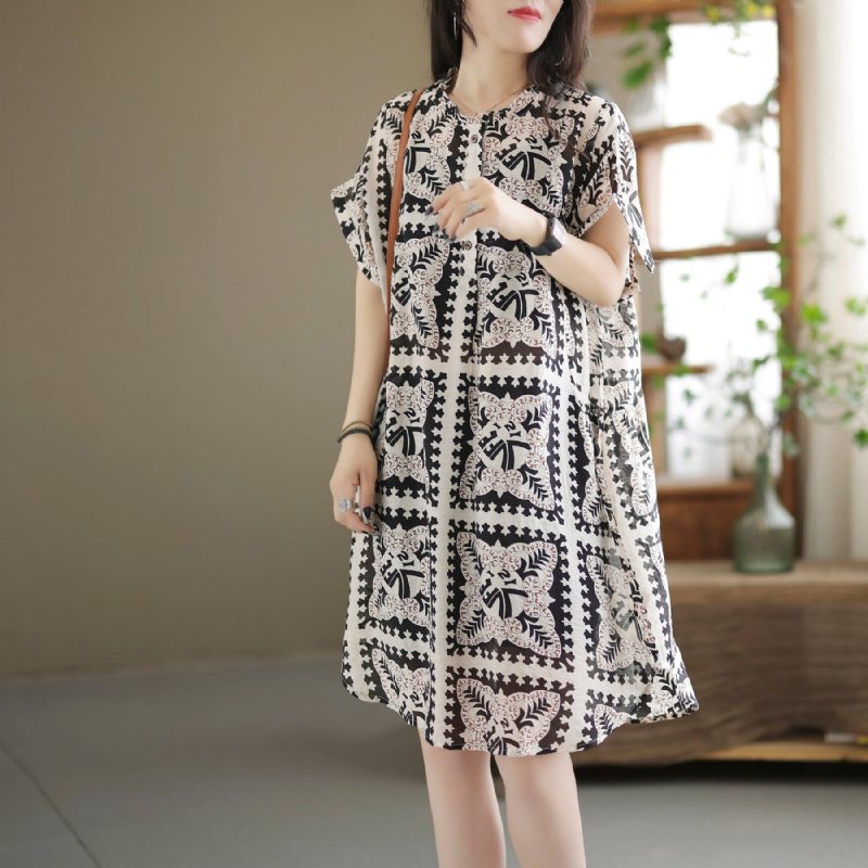 Summer Retro Printed Casual Lin Mini Dress