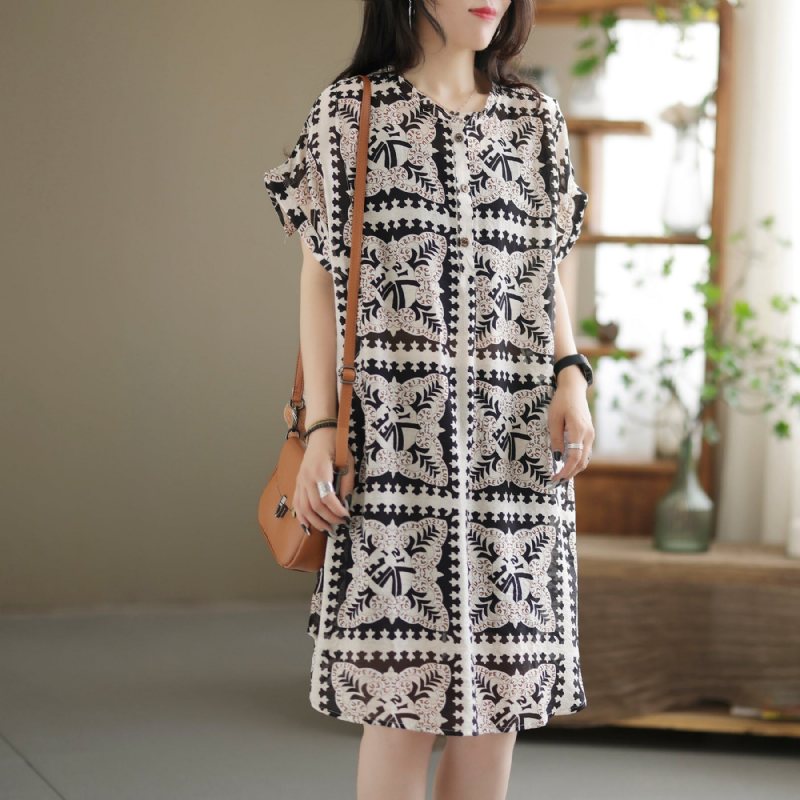 Summer Retro Printed Casual Lin Mini Dress