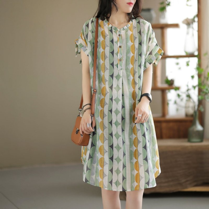 Summer Retro Printed Casual Lin Mini Dress