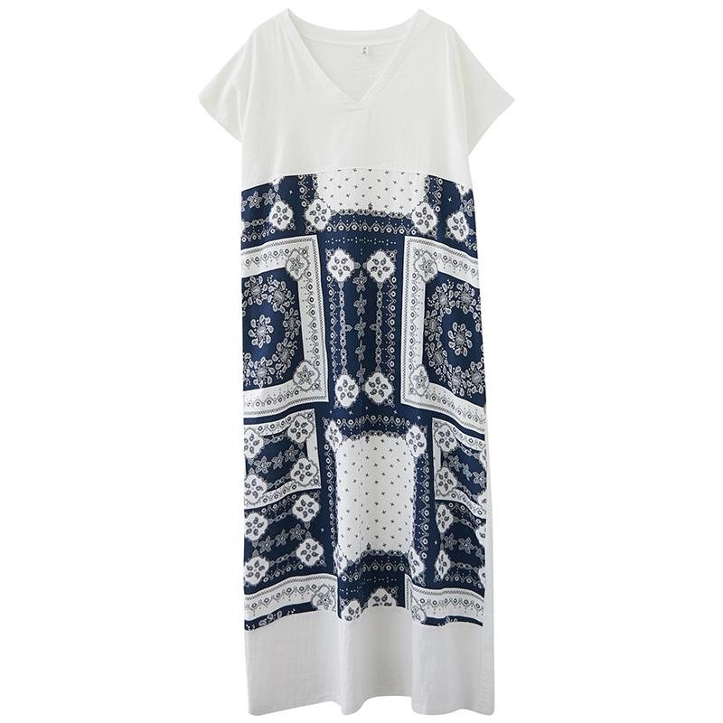 Summer Retro Printed V-neck Plus Size Løs Linkjole