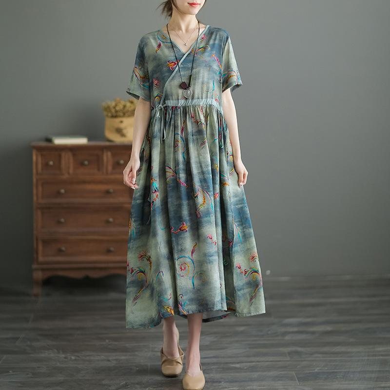 Summer Silk Cotton Floral Midi Dress