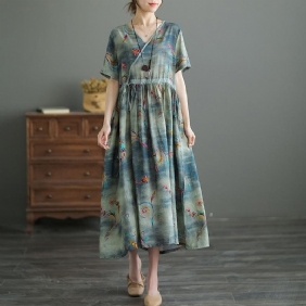 Summer Silk Cotton Floral Midi Dress