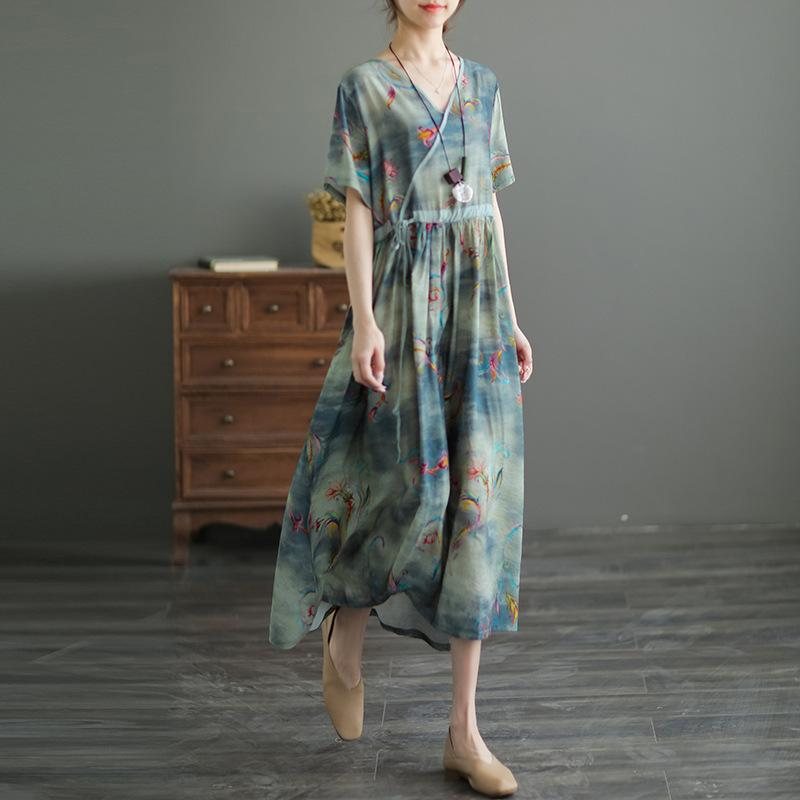 Summer Silk Cotton Floral Midi Dress