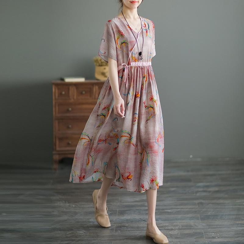 Summer Silk Cotton Floral Midi Dress