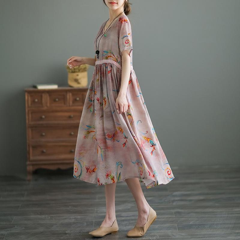 Summer Silk Cotton Floral Midi Dress