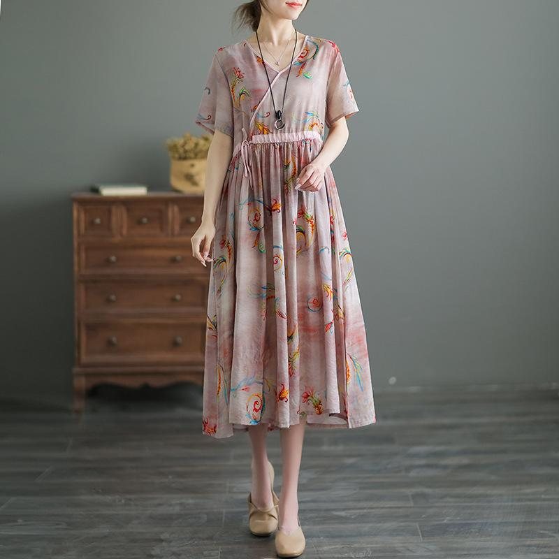 Summer Silk Cotton Floral Midi Dress