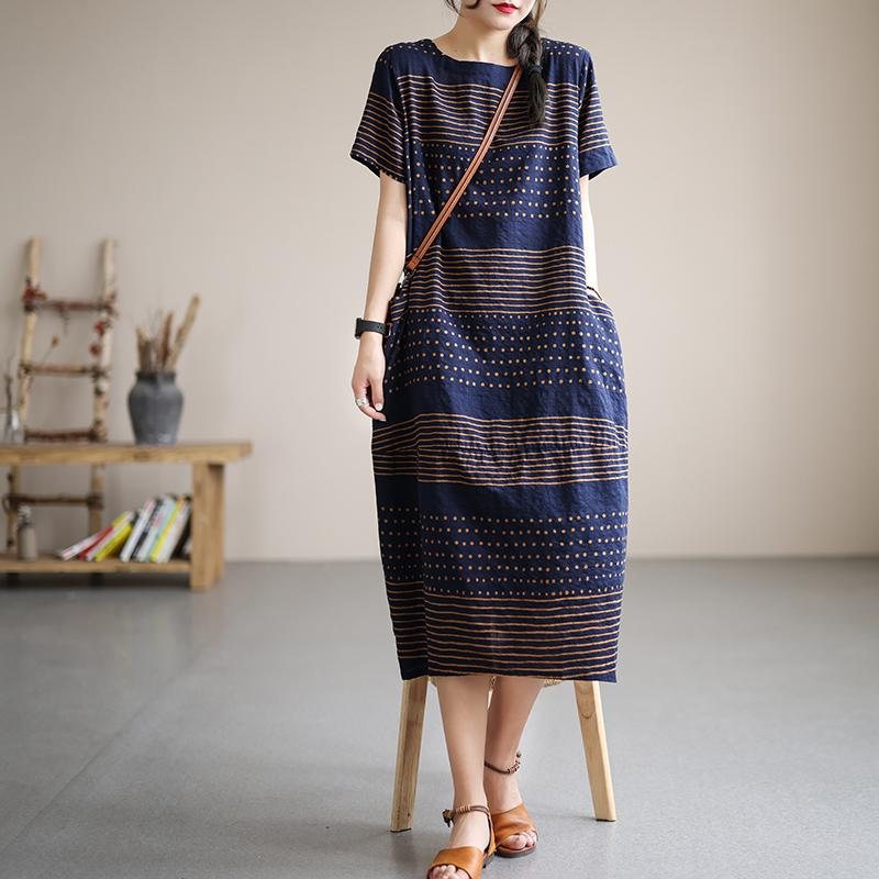 Summer Stripe Cotton Lin Fairy Midi Dress