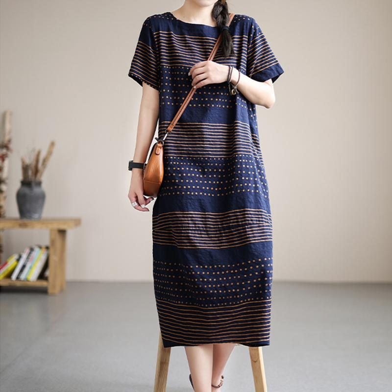 Summer Stripe Cotton Lin Fairy Midi Dress