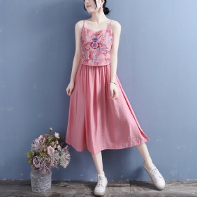 Summer Vintage Brodery Cotton Lin Slip Dress