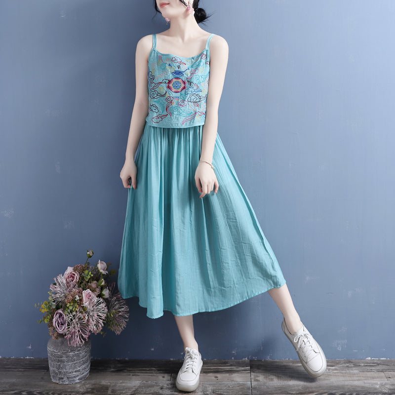 Summer Vintage Brodery Cotton Lin Slip Dress